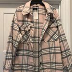 New Women's Size Large Pink Plaid Soft Button Up Oversized Jacket Hip Length Photo 0