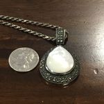 Sterling Silver 925 Marcasite Outlined Mother of Pearl Pendant and Rope Necklace Photo 4
