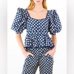 Hunter Bell  Blayne Puff Sleeves Poplin Peplum Top blouse block print floral navy Photo 2