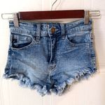 KanCan 0 / 23 High Rise Acid Wash Denim Cut Off Booty Jeans Raw Hem Short Shorts Blue Photo 0