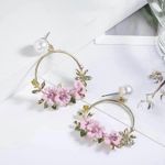 Women's Pearl Pink Crystal Flower Dangle Drop Hoop Earrings Gold Photo 2