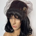 Vintage 1950s Betmar Brown Velvet Pillbox Hat with Veil & Jewel Accent Photo 0