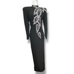 Black Pave Silk Beaded Long Sleeve Maxi Evening Gown Silver Leaf Size 4 Formal Photo 11