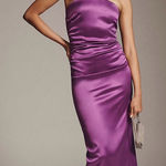 BHLDN  Selena Strapless Stretch Satin Slip Ruched Midi Dress‎ Purple Size Medium Photo 0