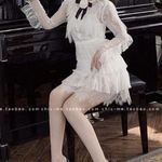 White Lace Layered Tiered Black Ribbon Bow Balletcore Babydoll Mini Dress Size XS Photo 2