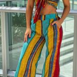 Cider Medium Boho Teal Red Green Multi Smocked Bandeau Top and Wide Pants Set Photo 0