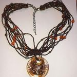 Vintage Multi Strand Brown Seed Bead Necklace With Brown & Gold Glass Pendant Photo 0