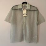 ZARA NWT  Sparkle Beaded Pearl Silver Short Sleeve Button Down Shirt Small Medium Photo 0