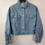 OAT New York Cropped Denim Jacket Waist Drawstrings Size‎ Small Oversized NWT Blue Photo 0