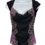 INC Vintage Medium Top Blouse Womens Y2K 90s Black Purple Stretch Sexy Femme Photo 0