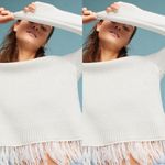 Anthropologie Moth White Pullover Crew Neck Sweater Feathered Trim Size Small Photo 9