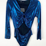 ZARA  Blue Metallic Laminated Long Sleeves Front Cutouts  Bodysuit Size Medium Photo 0
