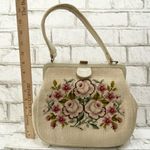Vintage Beige Floral Needlepoint Clutch Handbag Photo 2
