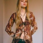Urban Outfitters Women’s UO Sheer Marbleized Pattern Brown Multicolor Ruffle LS Top wTies Fairy Photo 1