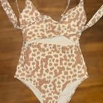 Aerie Women’s Size Small Cream Brown Animal Print Front Tie Cutout Wrap Swimsuit Photo 0