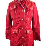 NWT Samantha Sipos Red Nylon Jacket Leather Trim Hooded Trench Coat Size S Photo 0