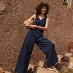 Anthropologie • Chino Jumpsuit navy blue wide leg wrap tie waist stretch twill Photo 2