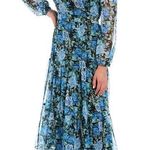 WAYF Dress Blue Floral Print Long Blouson Sleeve Open Back Tiered Midi Sz L NWT Photo 0