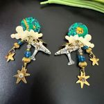 Rare Vintage Lunch at The Ritz WORLD TRAVELER Globe Airplane Cloud Earrings 18g. Green Photo 0