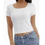 Arizona Jeans Arizona Jean Co White Ribbed Short Sleeve Square Neck Crop Top Womens L Photo 0