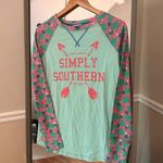 Simply Southern Long Sleeve Graphic T-Shirt Sz S Mint Green & Pink Turtle Print Photo 1