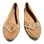 Vtg 1970s Cherokee Tan Tooled Leather Turquoise Studded Moccasin Flats Sz 8.5 Photo 1