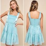 Lulus  Thriving Darling Shiny Teal Blue Mermaidcore Sleeveless Tiered Mini‎ dress Photo 1