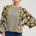 Chico's  Gold Blue  Medium Geometric Print‎ Pintuck Top Raglan Sleeves Split Photo 15