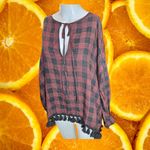 ZARA  Women's Red‎ Plaid Keyhole Neck Tasseled Long Sleeve Blouse Size S Photo 6