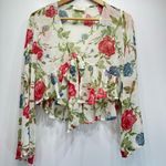 Peach Love California Sheer Floral Ruffle Hem Long Sleeve Tie Front Shrug Small Photo 7