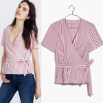 Madewell  NWOT Women's Ruffle-Hem Wrap Top in Stripe Mix Deep Crimson Size XS Photo 1