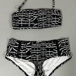 Michael Kors Black White Logo Graphic Bandeau Bikini Top and Bathing Suit Bottoms Coords Luxury Designer Matching Swimwear Set Size XS 🖤 Photo 1