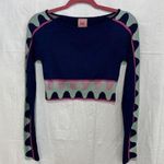 Bea Printed Long Sleeve Fitted Ribbed Crop Top Blue/Green/Pink Women's XS / S Photo 0