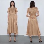 ZARA Copper Satin Midi Dress Gold Shiny Fit And Flare Short Puff Sleeves Large Photo 1