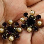 Women Clip On Earrings Purple Color Glass Faux Pearls Rivet Construction Vintage Photo 9