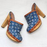 Coach Vintage Blue Signature Logo Bacall Wood Leather Clog Mule Heels Shoes 5B Photo 0