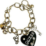 Guess SILVER TONE CHAIN BLACK HEART CRYSTAL LOGO LOCK & KEY CHARM BRACELET Photo 0