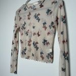Butterfly Print Mesh Long Sleeve Top Cream Nude Color  Photo 1