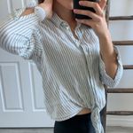 H&M  Linen Cropped Front Knot Button Down Shirt White and Green Striped / Size XS Photo 1