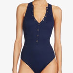 Robin Piccone  Navy Amy Ribbed High Neck One Piece Swimsuit NWOT Size 4 Photo 0