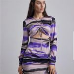Silk Maison Maxi Dress Medium‎ Purple Black Abstract Print Long Sleeve Cutout Photo 1
