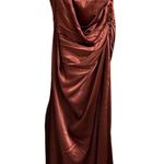 David's Bridal David’s Bridal burgundy red satin ruched bodice midi dress with corset-like boning and zipper side dress Photo 3