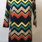 My Story Womens Shift Dress Size Small Blue Green Tan Orange 3/4 Sleeve Zig Zag Photo 0