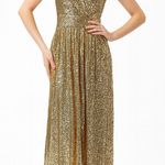 Kate Kasin Bright Gold Sequin Maxi Gown XS Elegant Formal Evening Dress Deep V Photo 0