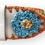 Vintage White Brown Genuine Leather Floral Whipstitch Belt Flowers Applique 90’s Photo 2