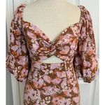 Fate Midi Dress Sz Small Floral Puff Balloon Sleeve Front Cut Out Cottagecore Brown Photo 2
