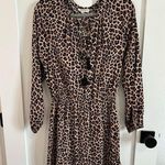 ee:some Eesome Women's S Long Sleeve Smocked Waist Mini Dress Tan Cheetah Print Tie Neck Photo 0