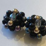 Vintage Cluster Bead Black Iridescent & Gold Beaded Antique Clip On Earrings Photo 4