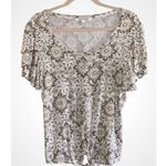 Emily Daniel’s Brown & White Print Round Neck Tie Front Short Sleeve Top Large Photo 0