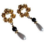 Vintage Gold Tone Rose Black White Drop Earrings Womens Jewelry 80s Photo 0